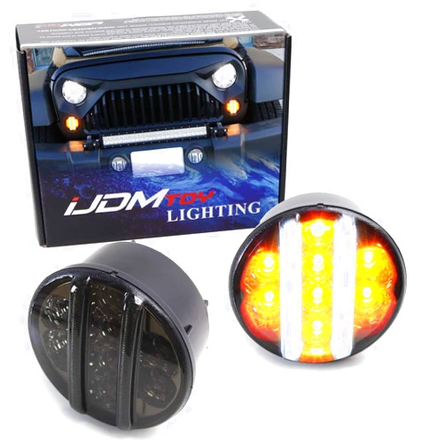 iJDMTOY Smoked Lens LED Front Turn Signal Lamp Assembly Compatible With Jeep 2007-17 Wrangler (White LED Vertical Bars For Driving/DRL & Amber LED Dots For Turn Signal Lights)