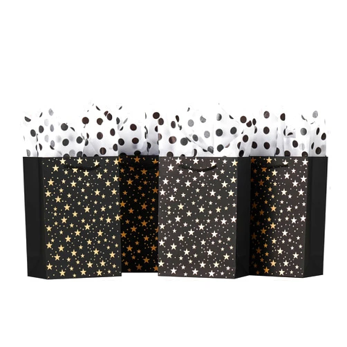 SHIPKEY Metallic Gift Bags, 10 Pack Black Party Favor Bags with Gold Stars, Kraft Paper Bags with Handles, 8x4x11 Inches Bags for Birthdays and Christmas