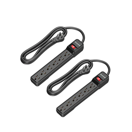 DEWENWILS 2-Pack 6-Outlet Power Strip Surge Protector, 6Ft Long Extension Cord, Low Profile Flat Plug, 15 Amp Circuit Breaker, 500 Joules, Wall Mount, Black, UL Listed