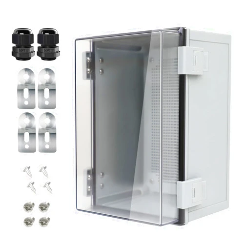 HoHaing Junction Box IP65 Waterproof ABS Plastic Enclosure Hinged PC Clear Cover Electrical Project Box with Mounting Plate, Wall Brackets, Cable Glands 11.8