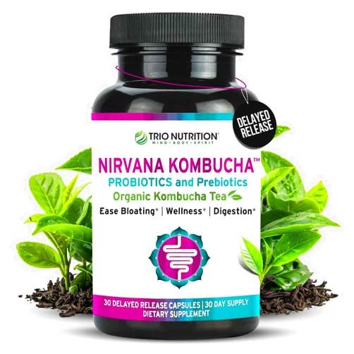 TRIO NUTRITION Nirvana Kombucha - Multi-Strain Probiotics & Prebiotic Blend with Organic Tea - Delayed-Release Capsules for Digestive & Immune Health - Bloating Relief - Natural pH Balance