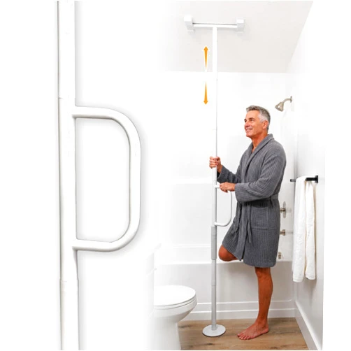 Stander Single Handle Non-Rotating Floor to Ceiling Grab Bar, No-Drill Tension Mounted Transfer Pole for Seniors, Bath Safety & Bedside Assist Rail for Home Standing Support & Fall Prevention, White