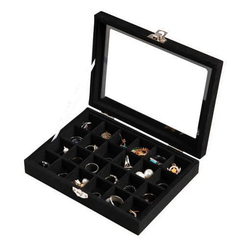 Frebeauty 24 Grid Jewelry Tray,Velvet Stud Earring Organizer,Small Jewelry Organizer with Clear Lid,Lockable Earring Holder Organizer Jewelry Boxes & Organizer Ring Holder for Women & Girls(Black)