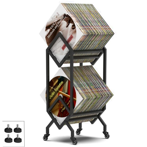 GiftGo Mobile 2 Tier Vinyl Record Storage Holder Black Metal Display Stand with Casters Easy to Move LP storage Book Album Storage Magazine Office Files Organizer Shelf