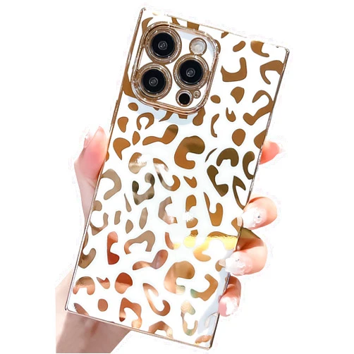 KERZZIL Elegant Compatible with iPhone 14 Pro Max Rectangle Edge Case, Cute Luxury Leopard Pattern Plating Case Camera Protector Soft TPU Shockproof Protective Corner Back Cover(White)