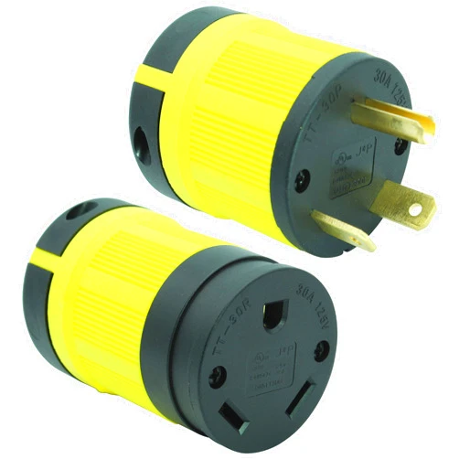 Journeyman-Pro 30 Amp, Plug & Connector Set, NEMA TT-30P + TT-30R, 125V, Straight Blade RV Trailer Plug Connector Combo, Black/Yellow Industrial Grade, Grounding 3750 Watts Generator TT30C (Yellow)