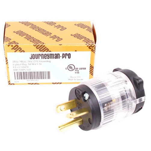 Journeyman-Pro 520PV-LIT Lighted 20 Amp 120-125 Volt, NEMA 5-20P, 2Pole 3Wire, Straight Blade, Male Plug Replacement Cord Outlet Connector, Commercial Grade PVC Power Indicating (Black LIT 1-Pack)