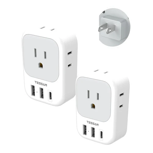 TESSAN US to Japan Plug Adapter 2 Pack, TESSAN 2 Prong to 3 Prong Outlet Adapter with 4 Outlets 3 USB (1 USB-C), Outlet Adaptor US Travel to Japan China Mexico Philippines Canada Peru Thailand Vietnam