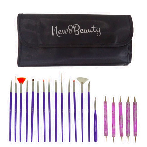 New8Beauty Nail Art Brushes, Dotting Pens Marbling Detailing Painting Striping Tools 20pc Kit Set with Roll-Up Pouch - Best for nail art and facial detailed painting - FREE eBook with Design Idea