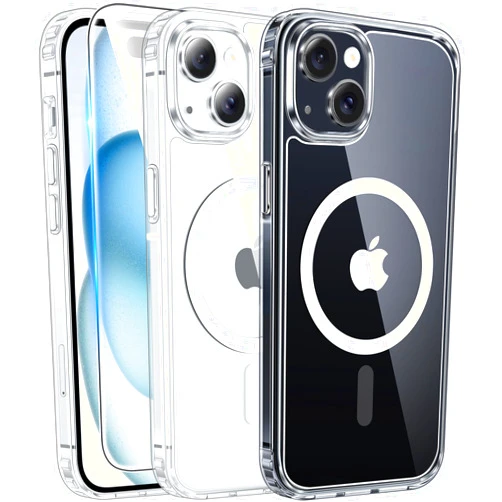 FNTCASE for iPhone 15 Case Clear: iPhone 14/13 Case Magnetic Phone Cases with Screen Protector Compatible with Magsafe Slim Anti Yellowing Rugged Protective Transparent Cell Cover (A-Clear)