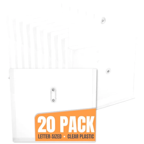 1InTheOffice Poly Envelopes Expandable Plastic Clear Envelope with Button & String Closure, Letter Size, Clear, 20 Pack