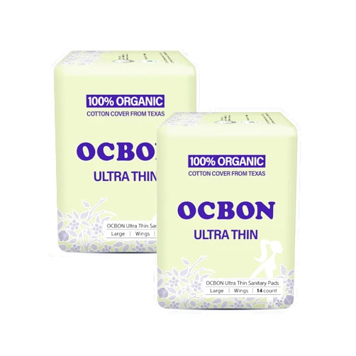 OCBON Ultra Thin Sanitary Pads (Large, 28 Count) - 100% Organic Cotton Cover with Wings for Women. Unscented, Leak-Free. Maxi Size for Ultra Absorption, Heavy Flow.