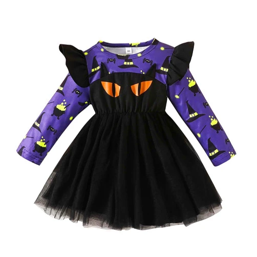 TBUIALL Toddler Baby Girl Halloween Dress Print Long Sleeve Pumpkin Dress for Little Girls Halloween