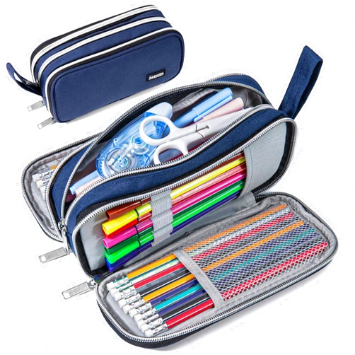 BOMENNE Pencil Case with 3 Compartments, Canvas Zipper Pencil Pouch, Large Pencil bag, Big Pen Case Pouch Organizer for Adults, Pencil Pouches for Middle High School Teen Boys Girls - Blue