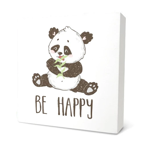 Knibeo Be Happy Cute Panda Wood Box Sign Desk Decor, Cute Panda Desk Decor, Panda Decorations for Girl Bedroom, Panda Nursery Decor, 5x5