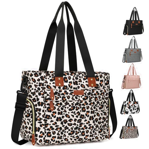 Pritent Diaper Bag Tote for Working Mom, Large Travel Diaper Tote for Mom and Dad with 15 Inch Laptop Sleeve, Mommy Bag Maternity Bag Travel Baby Bag for Boys and Girls, Leopard