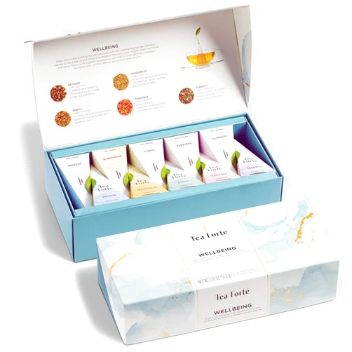 Tea Forte Wellbeing Organic Wellness Tea, Petite Presentation Box, Sampler Gift Set With Assorted Variety Handcrafted Pyramid Infuser Bags - Herbal, Green, 10 Count (Pack of 1)