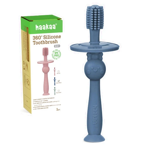 haakaa 360° Baby Toothbrush with Suction Base - Gentle Cleaning for Infant Self-Brushing Training, Food-Grade Silicone, Adjustable Safety Shield - Steel Blue (1 Piece)