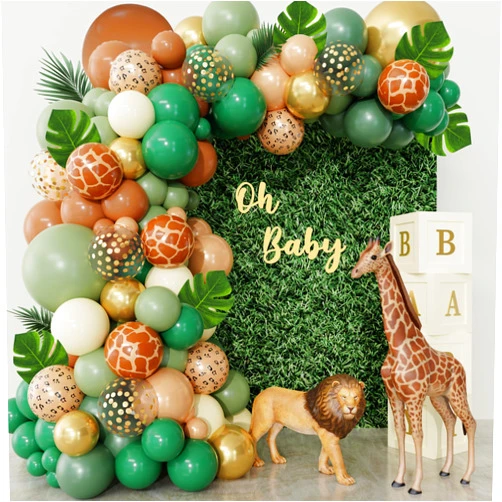 Ouddy Party 170Pcs Jungle Safari Balloons Arch Garland Kit, Sage Green Brown Animal Print Balloons Palm Leaves Wild One Safari Baby Shower Decorations for Boys Tropical Woodland Birthday Party Supplies