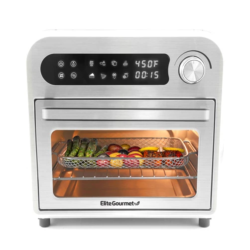 Elite Gourmet EAF1010D Programmable 10L Air Fryer Convection Countertop Oven, 8 Menu Settings, Temperature + Timer Controls, Bake, Toast, Broil, Air Fry, 1500W with Recipes, Steel Exterior