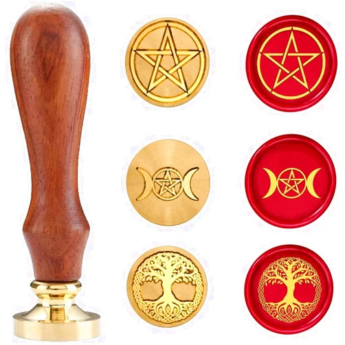 N\W Wax Seal Stamp Set, Sealing Wax Stamps Copper Seals with Wooden Hilt, Vintage Retro Wiccan Seal Wax Stamp (Triple Moon&Pentagram&Tree of Life)