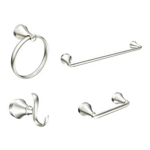 Moen Wellton Brushed Nickel 4-Piece Bathroom Accessory Collection, Includes Towel Ring, Robe Hook, Towel Bar, and Pivoting Toilet Paper Holder, Y1394BN