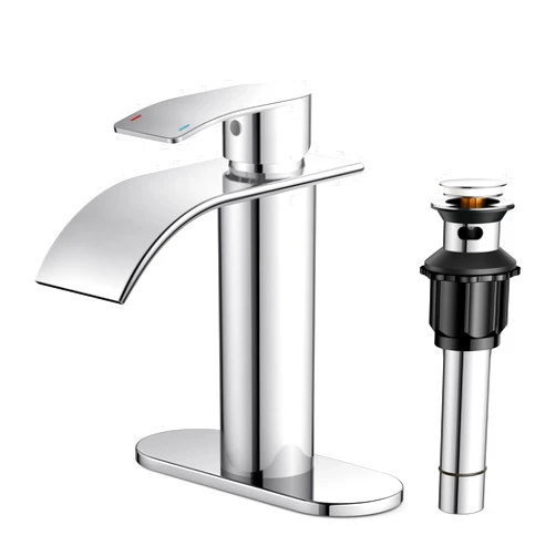 FORIOUS Waterfall Bathroom Faucets 1 or 3 Hole, Chrome Single Handle Bathroom Sink Faucet with Metal Pop up Drain and Supply Hoses, Lead-Free Faucet for Bathroom Sink, Vanity