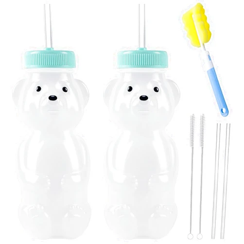 Mootikar Honey Bear Straw Cups, Juice Bear Bottle Drinking Cup Long Straws with 4 Flexible Straws & Cleaning Tools, 8-Ounce Therapy Sippy Bottles for Speech and Feeding Training, Food-Grade & BPA Free 2 Pack