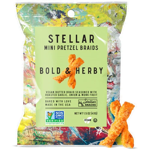 STELLAR SNACKS Stellar Pretzel Braids, Bold & Herby Roasted Onion and Garlic, 24 Mini Individual Bags (1.5 oz each) Vegan Pretzel Rods, Sticks