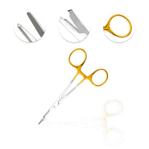 Cynamed TC Olsen Hegar Needle/Suture Holder Driver with Tungsten Carbide Inserts and Gold Rings - Premium Grade Instrument - Hemostat with Scissors (5.5 in.)