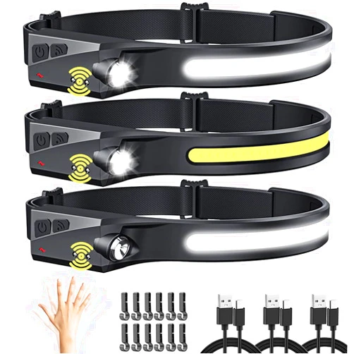 UUYEE Headlamp Rechargeable 3Pack, LED Headlamp Flashlight with Motion Sensor, 230° COB Wide Beam Head Lamp, 5Mode Head Lights for Forehead Waterproof, Bright Headlamps for Adults Running Camping