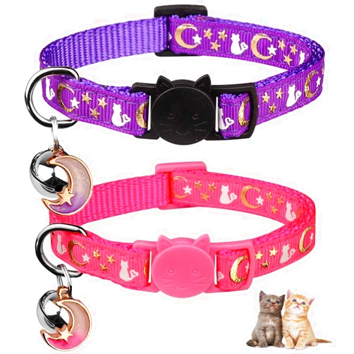 Baeuppit 2PCS Breakaway Cat Collars with Bell Moons Stars Cute Kitty Adjustable Safe Kitten Collars with Pendant Glow in The Dark(Purple&Pink)