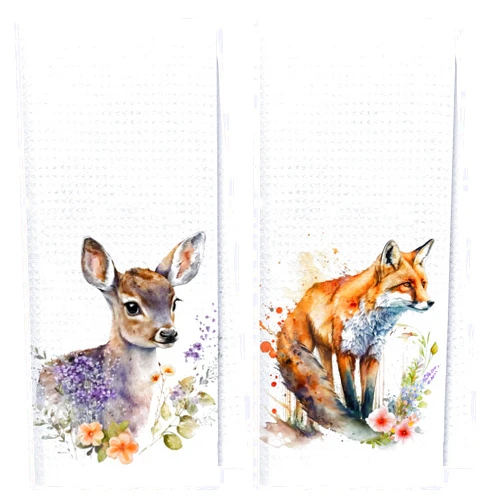 CUTALU 2 Pack Kitchen Towels Decor,Woodland Animal Kitchen Tea Towels, Fox and Deer Kitchen Dish Towels, Woodland Animal Gifts, Cabin and Lake Kitchen Gifts,Wild Animal Lover Gifts