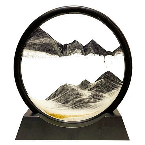 HYUGF Moving Sand Art Picture Decor, 3D Deep Sea Sandscape Liquid Motion, Round Glass Frame Display Flowing Sand, Relaxing Gift for Kids Adults Office Work Home Desktop Decoration Toy (Black, 12