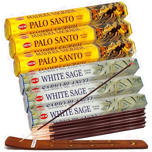 TRUMIRI White Sage Incense Sticks and Hem De Palo Santo Incense Sticks with Incense Holder Bundle for Smudging Smudge kit Natural Inciensos Aromaticos Home Fragrance