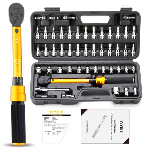 YIYEIE 50Pcs Master Bike Torque Wrench Set, 1/4 Inch Drive, 10-220 IN.LB (1-24.9 Nm), Inch Pound Click Torque Wrench with Bit Sockets, 0.1 Nm Micro, 3/8 Adapter, Pro Bicycle Tool Kit for MTB