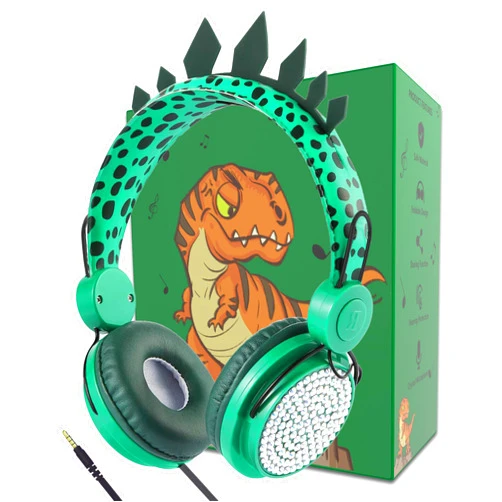 Charlxee Kids Headphones,Dinosaurs Wired Headsets for Boys&Girls,Built-in Mic&On/Over Ear HD Stereo for Online Study/School/Tablet with Nylon Cable (Green)