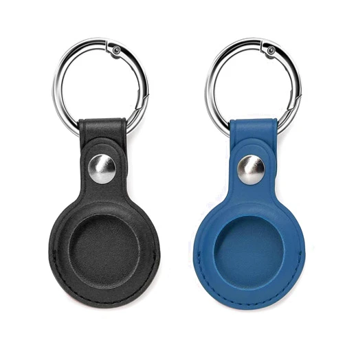 BRRAAVEES Air Tag Keychain for Apple Airtags Holder Anti-Lost PU Leather Case for Apple Airtags Protective Airtag Key Ring Compatible with Pet Tracking (2 Pack Black + Blue)