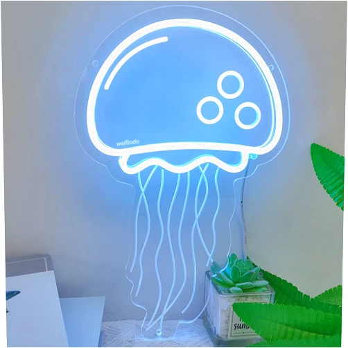 Welltodo Jellyfish Neon Signs,Cool Ice Blue Neon Sign for Wall Décor, LED Neon Light Sign for Girls Bedroom Ocean Display Room,Kids Birthday Gift, Wedding Party, Holiday Decoration Powered by USB