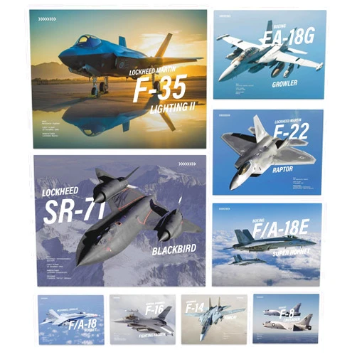 Wallbuddy Military Jets Plane Wall Art Set of 9 Posters | Unframed Airplane Decorations for Boys Room | Military Aircraft Wall Decor Patriotic | Aviation Art Fighter Jets (12X16 inches)