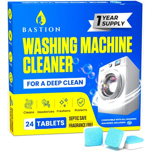 Bastion Washing Machine Cleaner Tablets 24 pack Powerful Descaler -Deep Cleaning for HE Front Loader & Top Load Washer Septic Safe Eco-Friendly Deodorizer Clean Drum & Laundry Tub Seal- Year's Supply