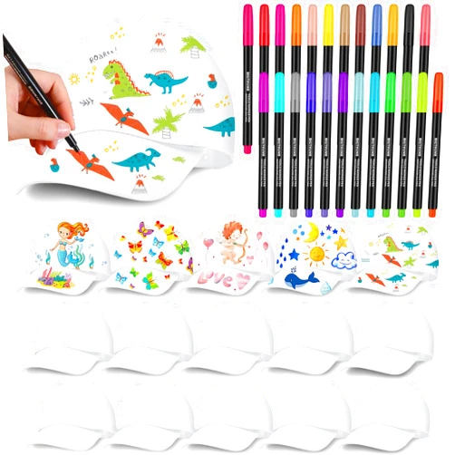 Funnysoft White Kids DIY Hats with 24 Colors Fabric Markers Pen Crazy Hat Kids White Baseball Hats with Back