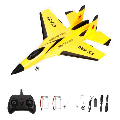 GoolRC FX620 RC Airplane, 2.4GHz Remote Control Airplane, 2 Channel RC Plane, SU-35 RC Glider EPP Aircraft Model with 3-Axis Gyro, Outdoor Flight Toys for Kids and Adults with 2 Battery (Yellow)