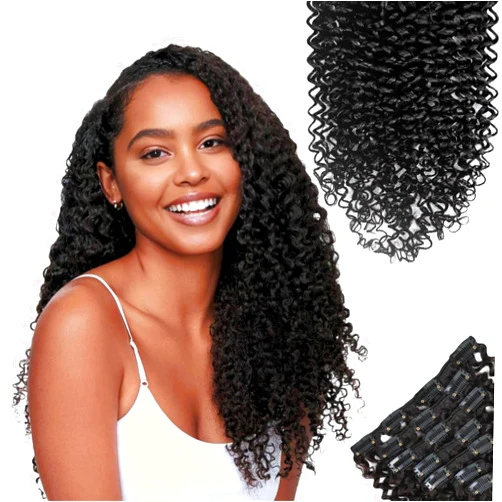SIYUSI Kinky Curly Clip In Extensions, 3C 4A 100% Brazilian Remy Human Hair Clip Ins, Invisible & Scalp-Friendly, Natural Black Color, 3.52oz, 7Pcs (24 Inch)