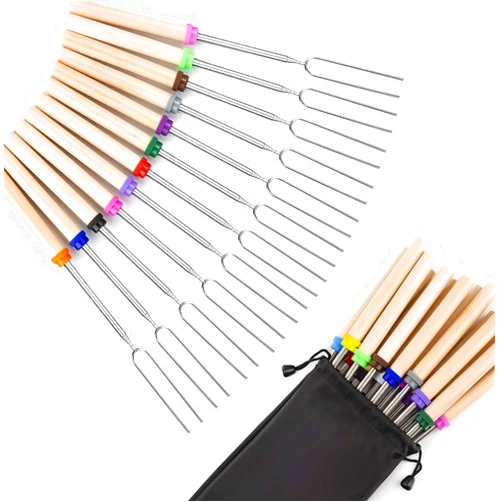 Fzbjayoon 12 pcs Marshmallow Roasting Sticks Marshmellow 32 Inch Long Fork Telescoping Hot Dog Forks BBQ Skewers Camping Accessories with Wooden Handle Extendable Forks
