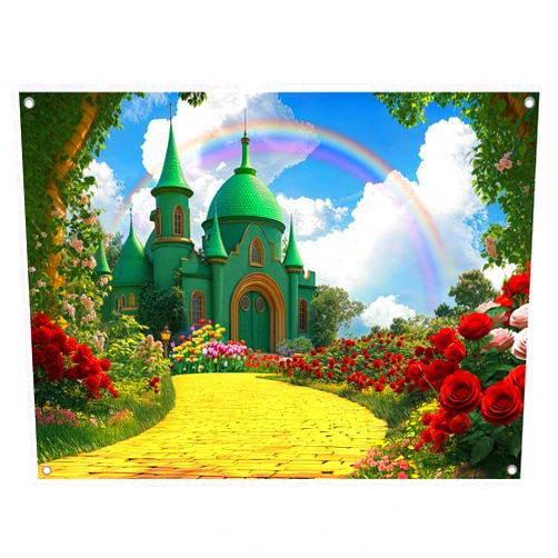 UMURILXY 7x5FT Green Castle Yellow Brick Road Backdrop, Wonderland Rainbow Polyester Photography Background for Parties, Emerald Red Flower Photo Booth Prop Decorations