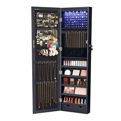 SONGMICS 6 LEDs Mirror Jewelry Cabinet, 47.2-Inch Tall Lockable Wall or Door Mounted Jewelry Armoire Organizer with Mirror, 2 Drawers, 3.9 x 14.6 x 47.2 Inches, Black UJJC093B01