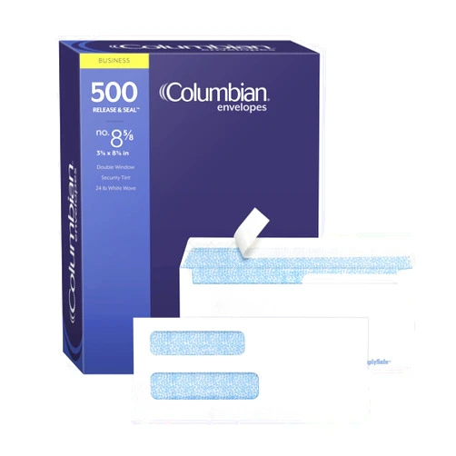Columbian Envelopes Columbian #8 5/8 Security Envelopes, 500/Box, Double Window, 3-5/8