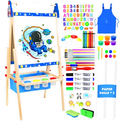 Joyooss Art Easel for Kids, Adjustable Standing Kids Easel with Magnetic Whteboard & Chalkboard, Magnetic Board for Kids Art Easel Kids with 2 Paper Rolls, Finger Paints, Letters & Numbers Magnets
