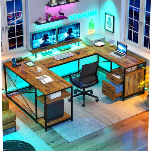 YITAHOME U Shaped Desk with Power Outlets & LED Lights, 79